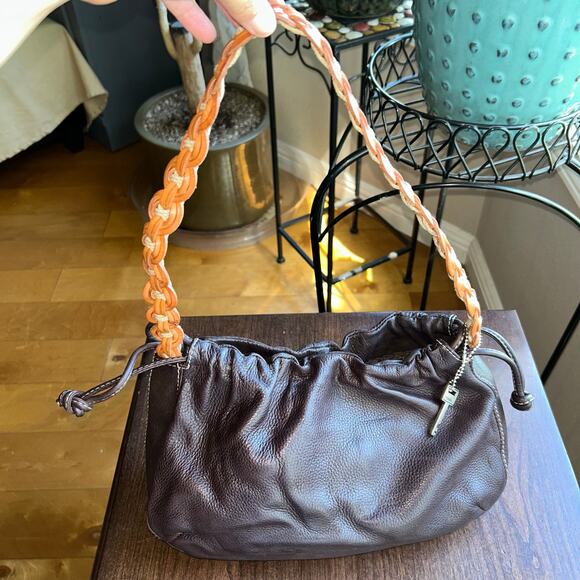 Fossil Handbags - Vintage Fossil leather brown purse bag key charm pull sides